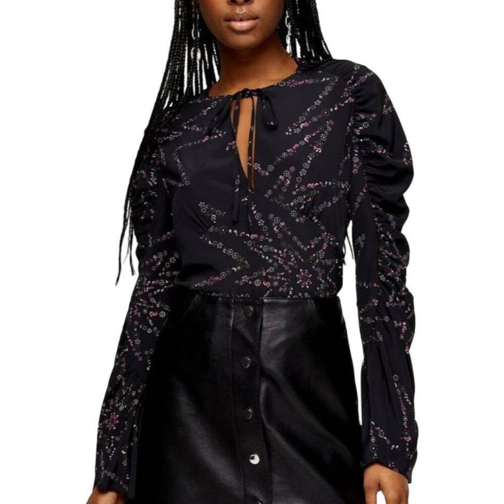 Topshop Star Print Prairie Blouse Top Black Womens US 6 UK 10 Ruched Sleeves NWT